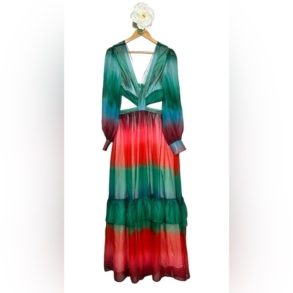 Lillys Kloset Ombre Cutout Maxi Dress Green Red Tiered Bishop Sleeve Womens‎ M - Picture 2 of 8